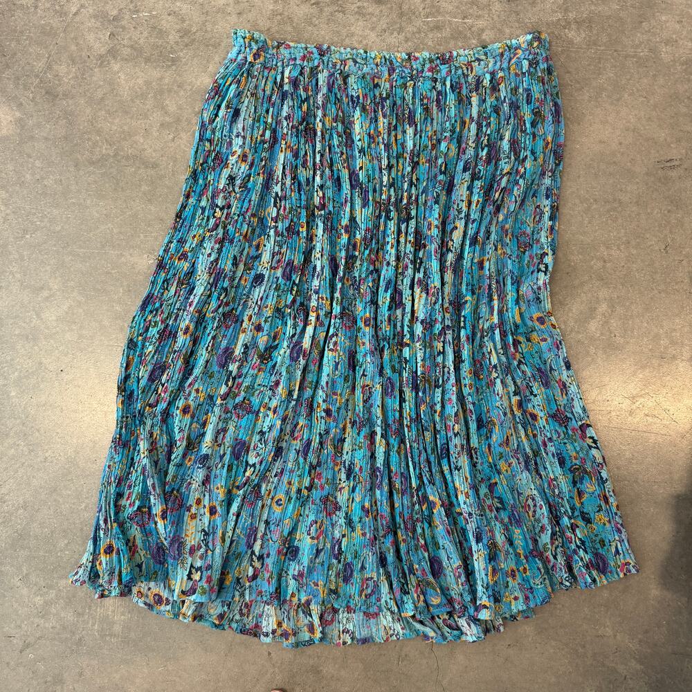 VintageY2K Cottagecore Fairy Floral Blue Wimsical Metallic Tier Midi Skirt L - Picture 2 of 5